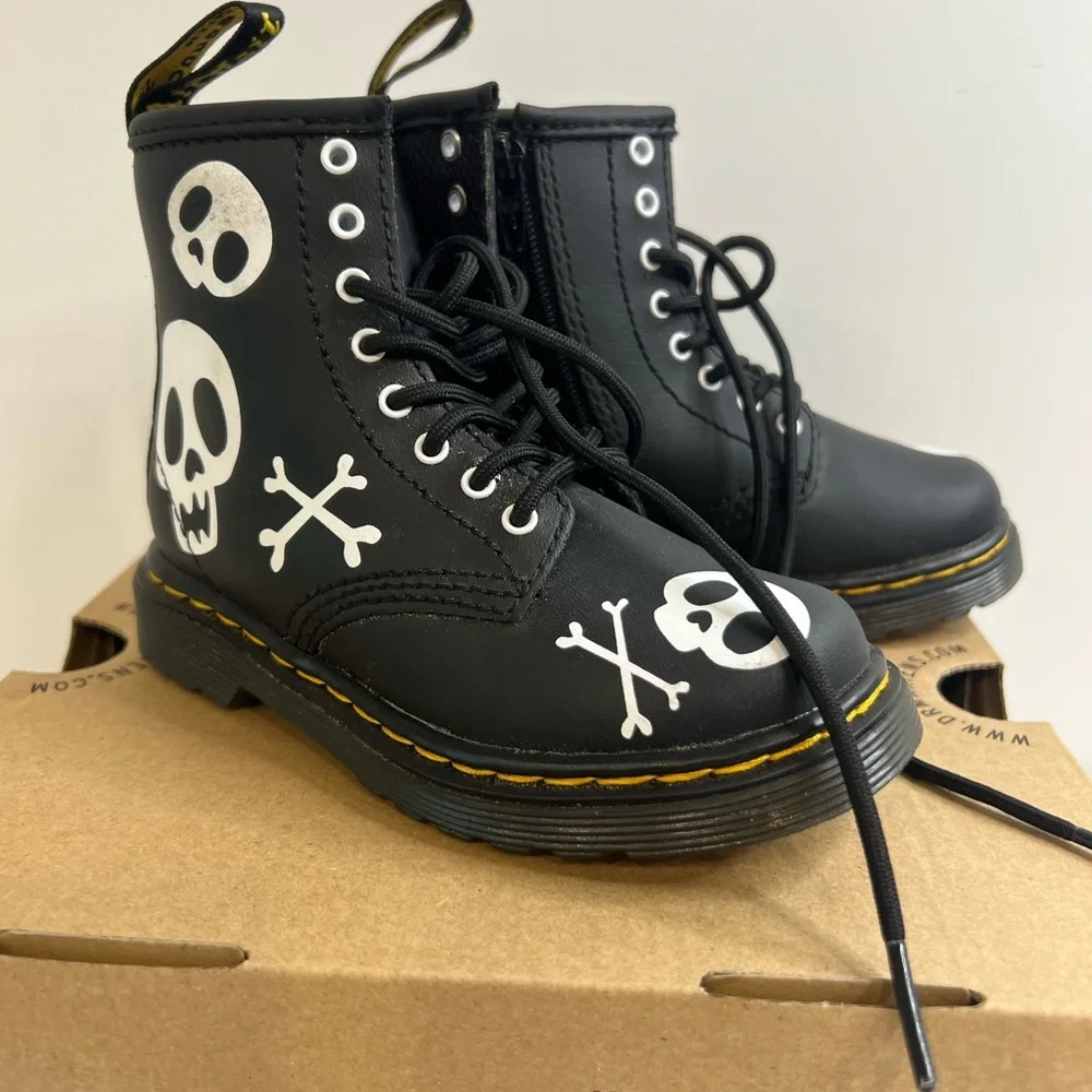 Dr. Martens Kids Black Leather Lace-Up Boots with White Skull Graphics